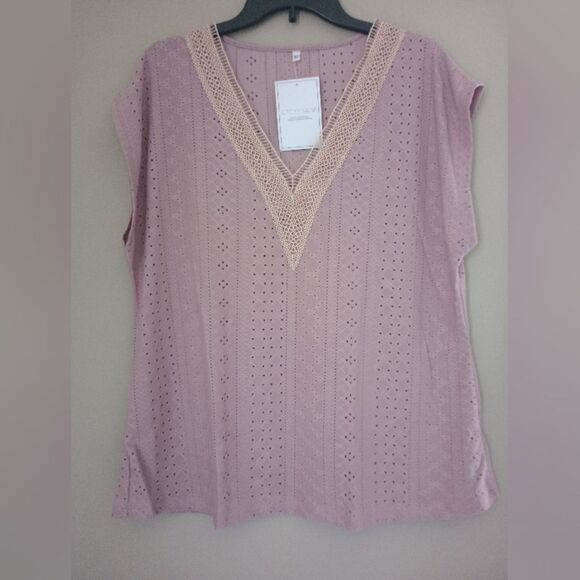 NWT Pink Eyelet V Neck Blouse with Embroidered Neckline Size XL - Picture 1 of 7